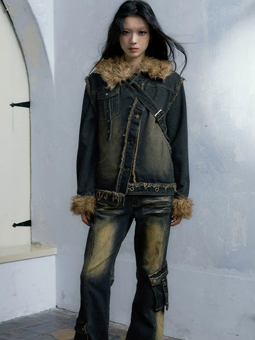 Fur Stitch Washed Distressed Denim Flare Pants