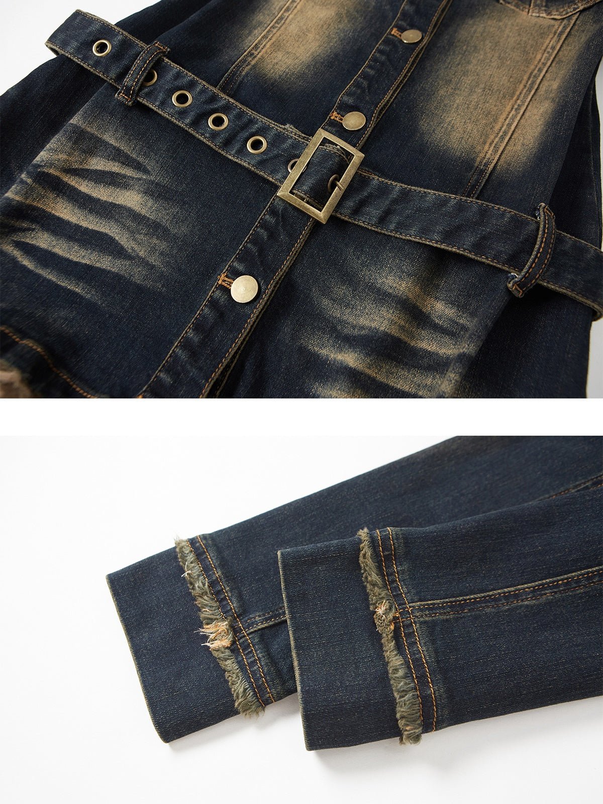 Fur Collar Washed And Distressed Slim Denim Dress