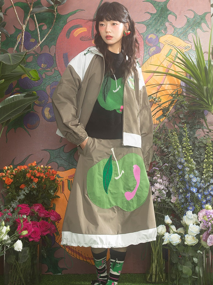 Contrast Stitching Hooded Windbreaker & Patchwork A-Line Skirt
