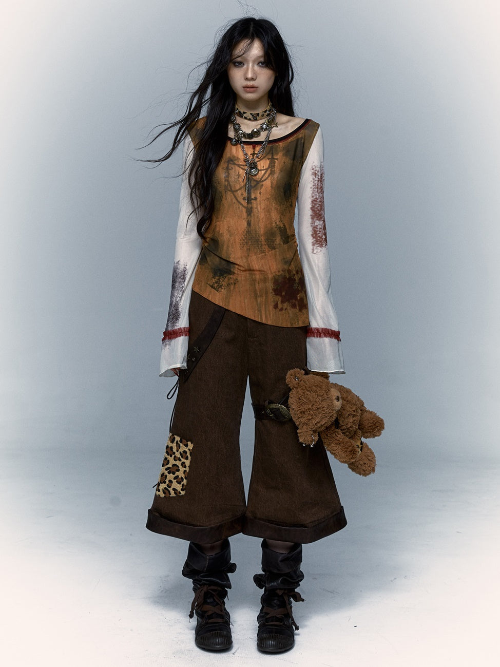 Patchwork Necklace Print Slim Mesh T-Shirt