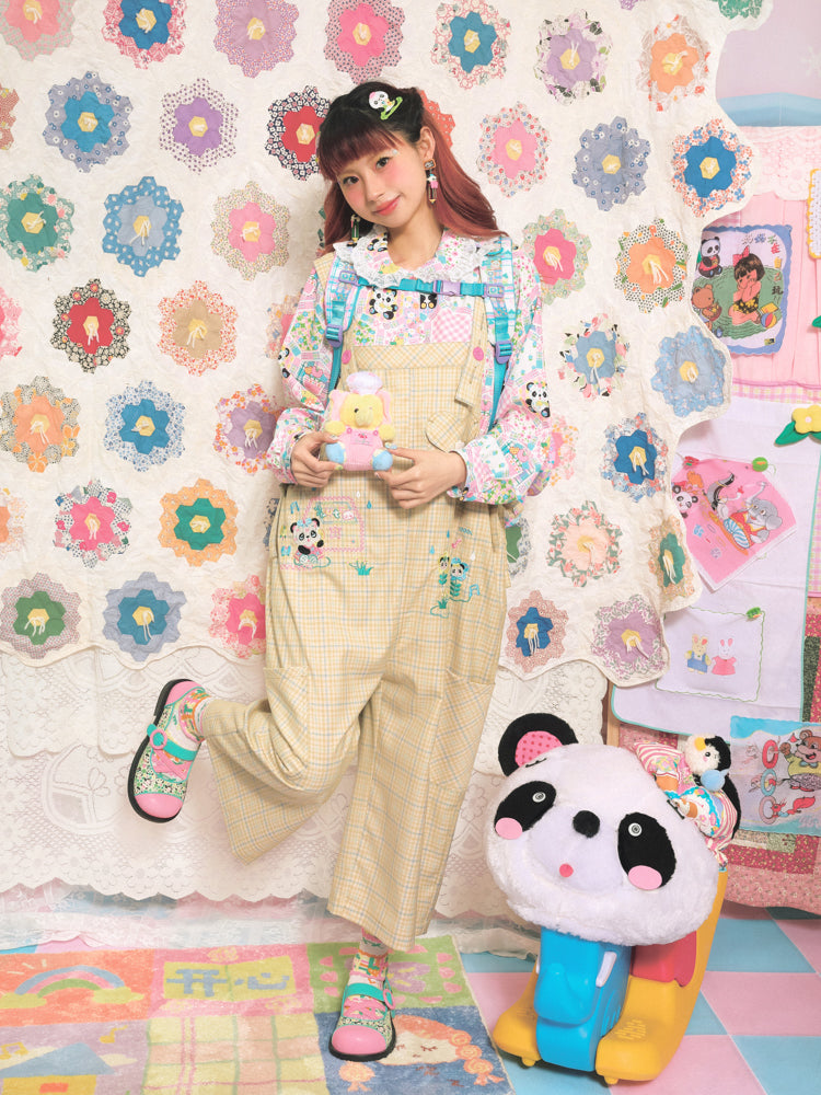 격자 무늬 팬더 자수 느슨한 바지