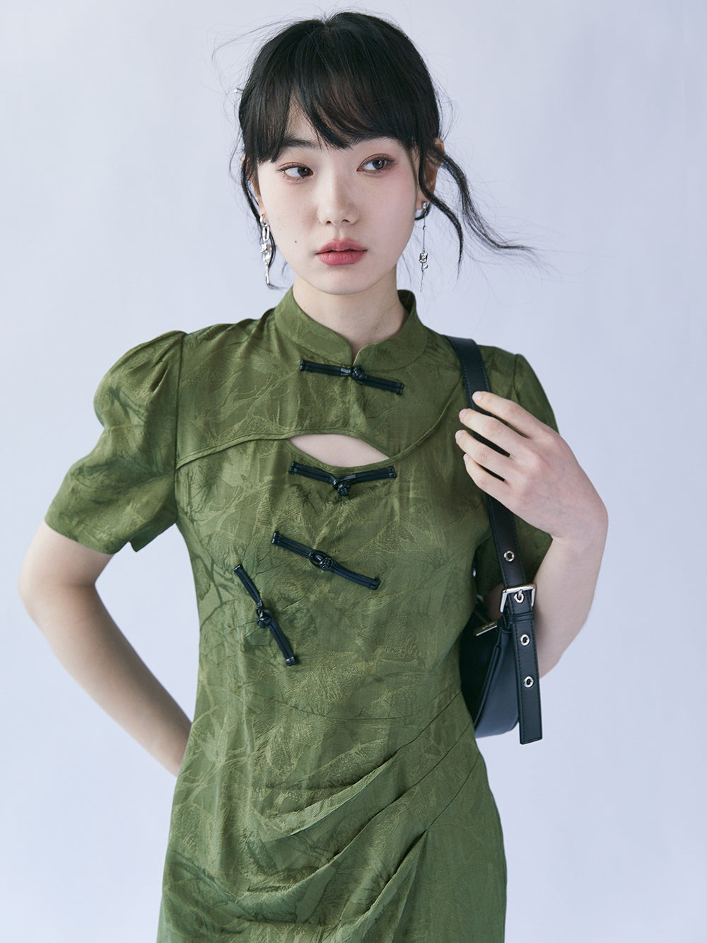 Chinese Style Bamboo Leaf Hollow Buckle A-line Dress