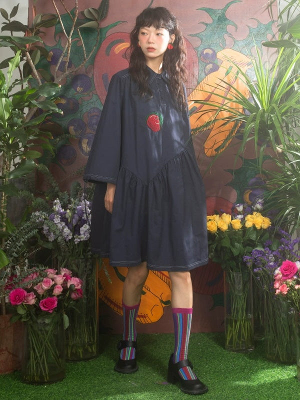 Apple Embroidery Irregular Long-sleeved Loose One-piece