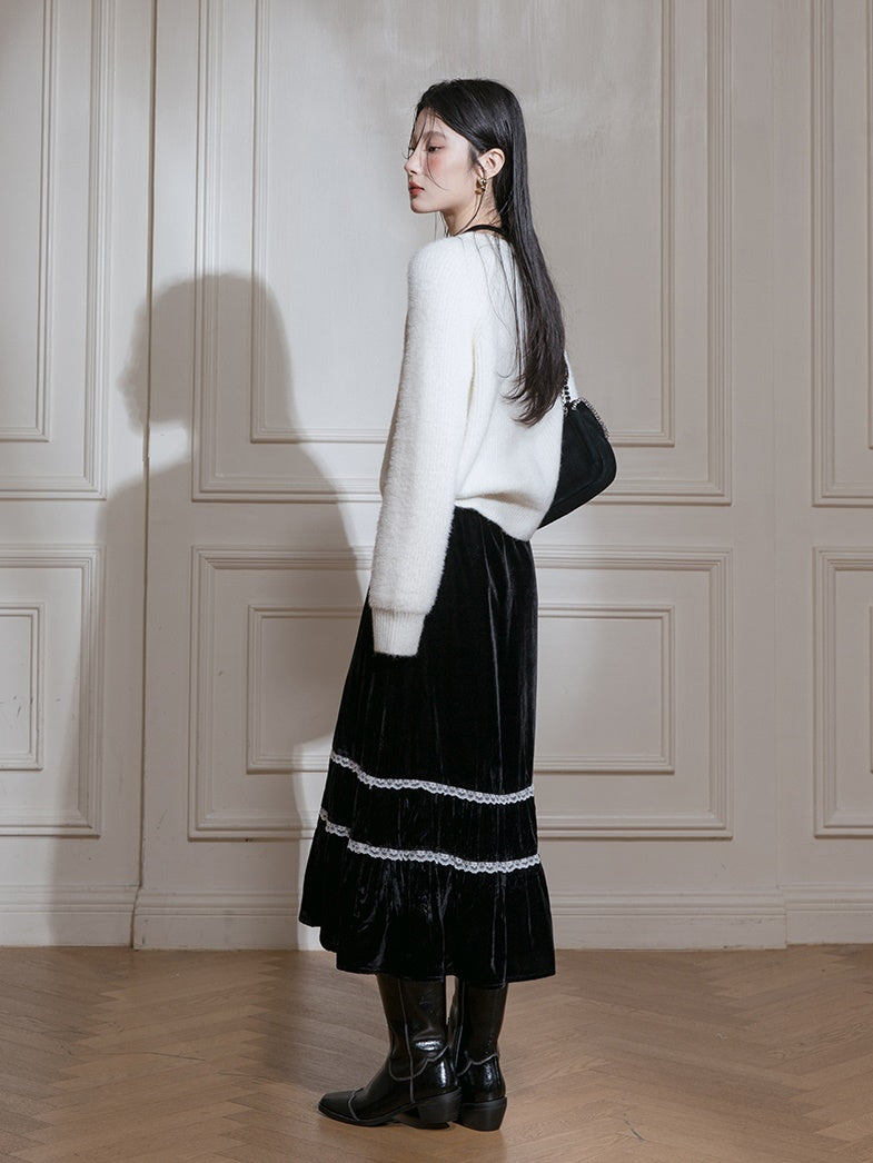 Velvet Bead-flower Short Jacket & Lace Stitch Cake Skirt