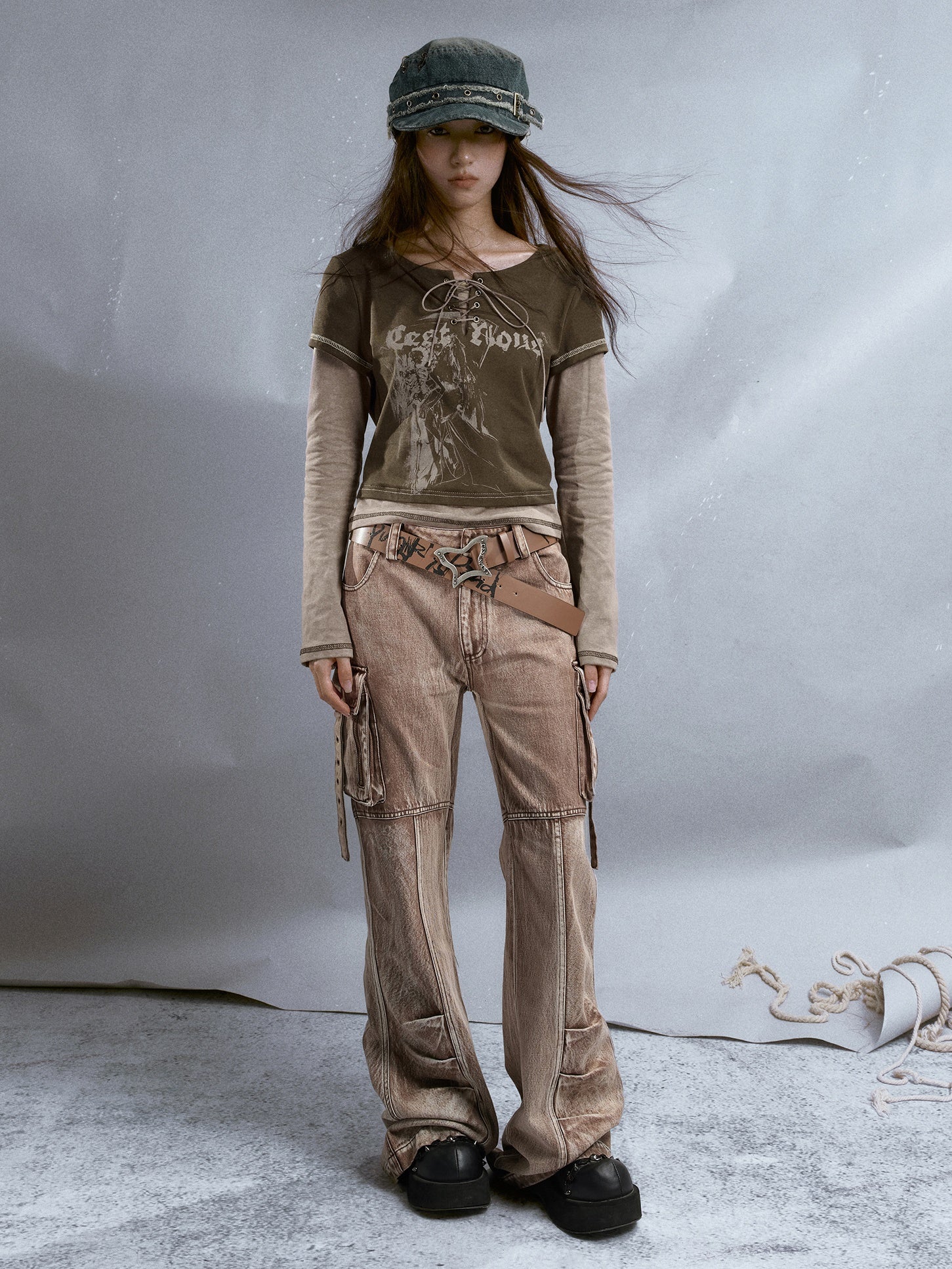 Washed Pocket Flared Jeans