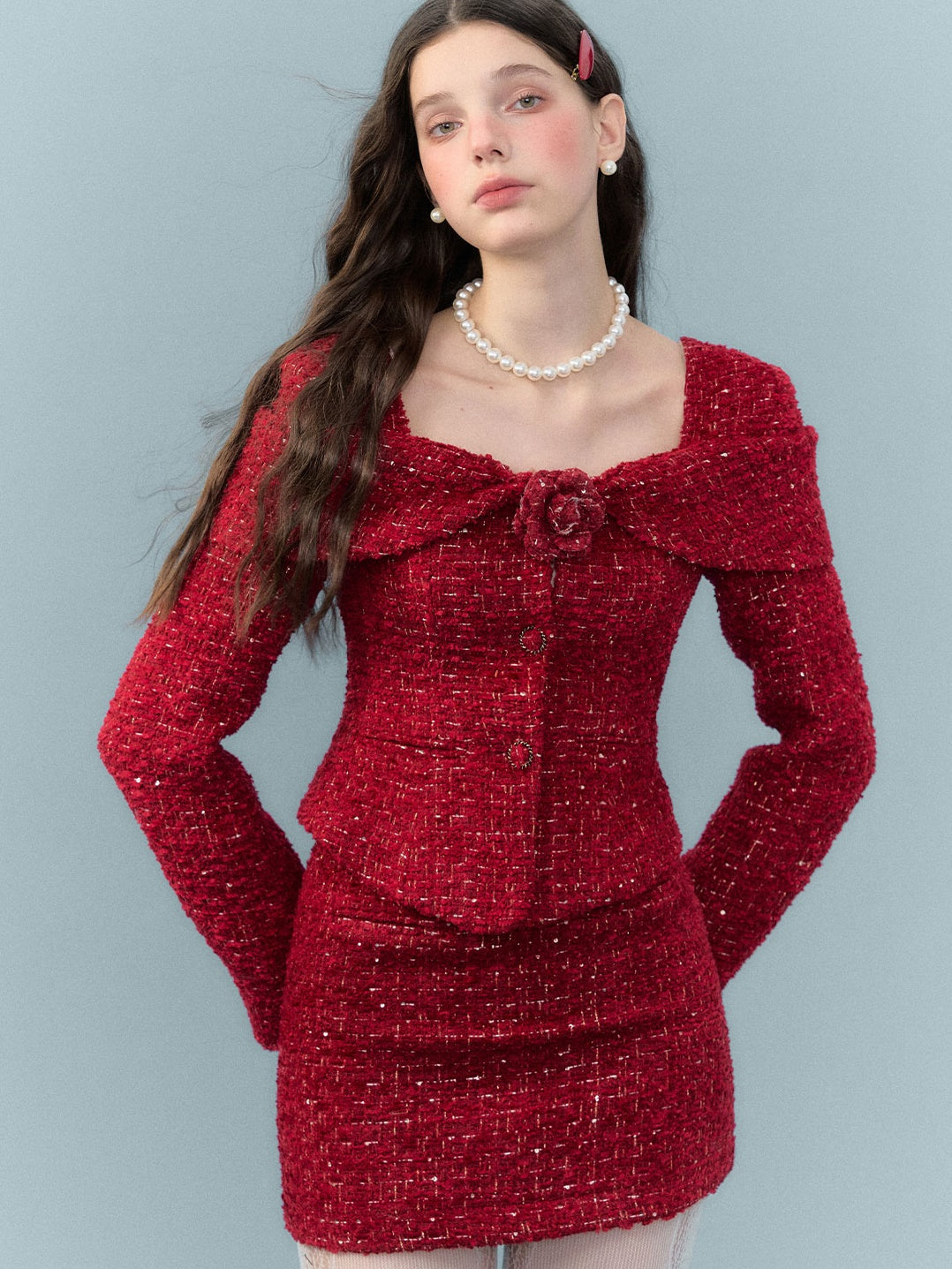 Woven Shag Retro Tweed Jacket & Short & Long Skirt