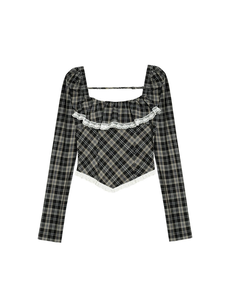 사각형 칼라 격자 무늬 긴팔 셔츠