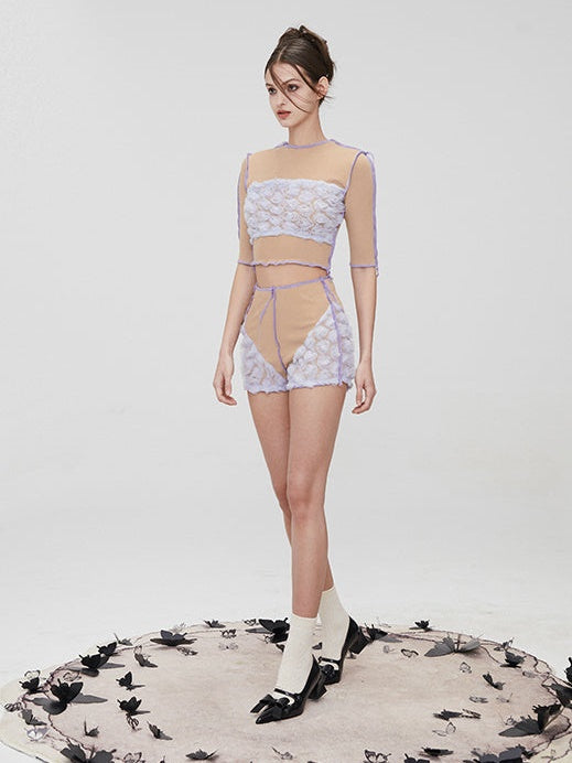 Mesh Spleißen kurzärmeliges Top & High -Taille -Shorts