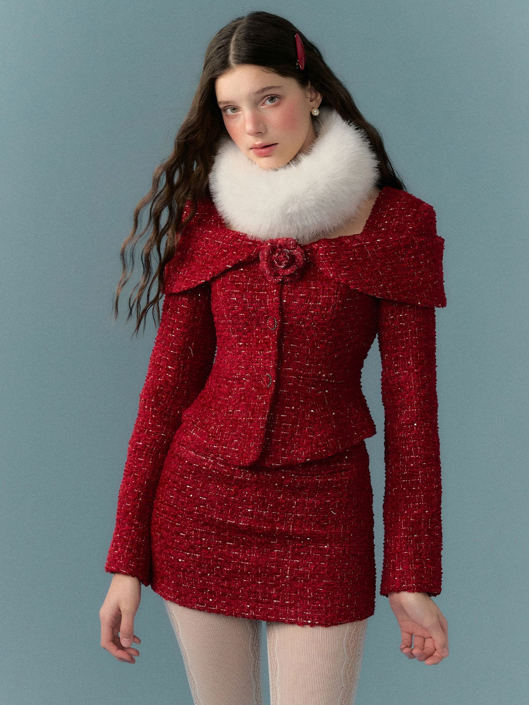 Woven Shag Retro Tweed Jacket & Short & Long Skirt