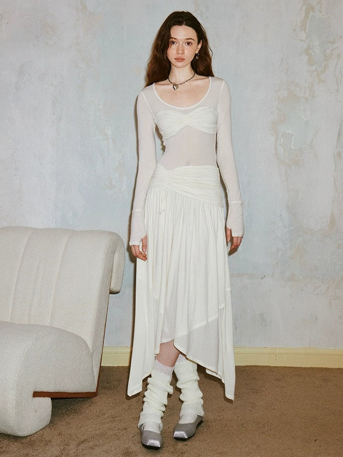 Classic Pleated Stitch Long-sleeved Sheer Dress