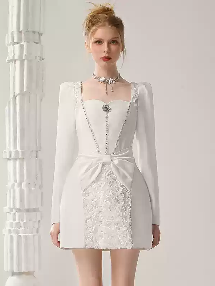 Ribbon Lace Bijou Short Square-Neck Elegant Dress