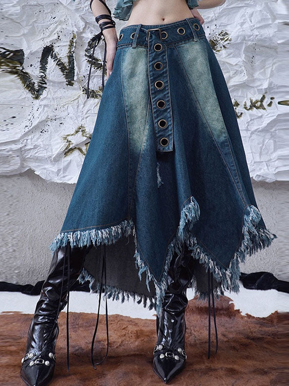 Fringed Irregular Hem Denim Circular Skirt