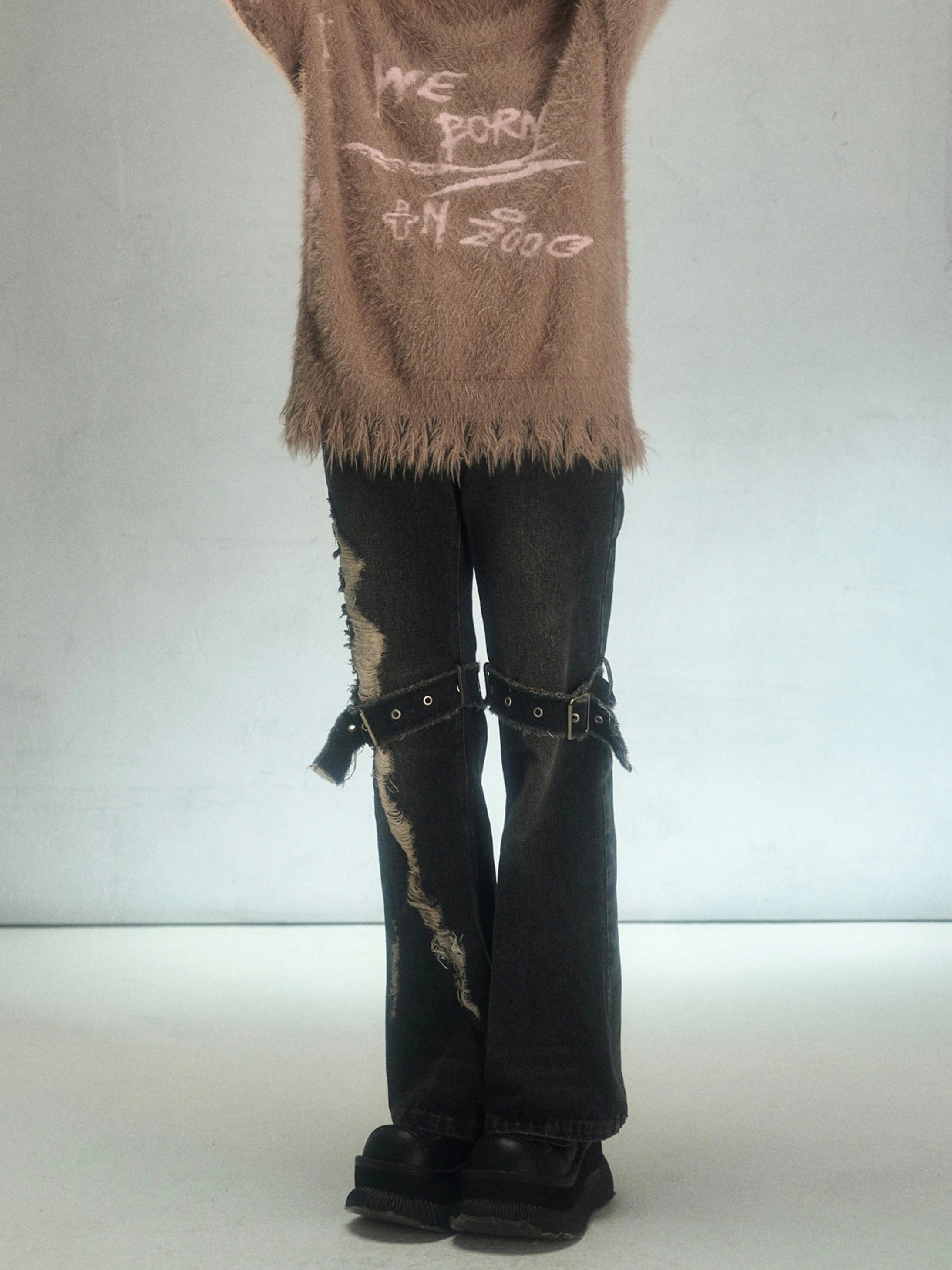 Punk Raw Edge Ripped Holes Flared Denim Trousers