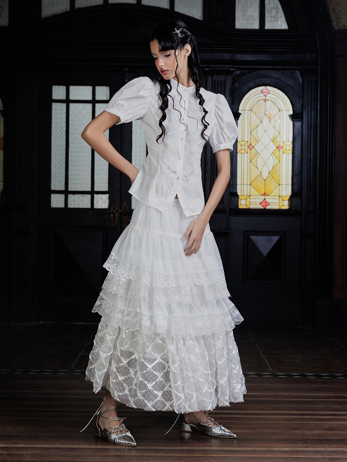 Lace Pearl Buckle Waist Shirt & Lace Cake Skirt