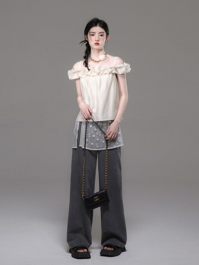 Flower Bud Off-shoulder Shirt & Lace Apron Set-up