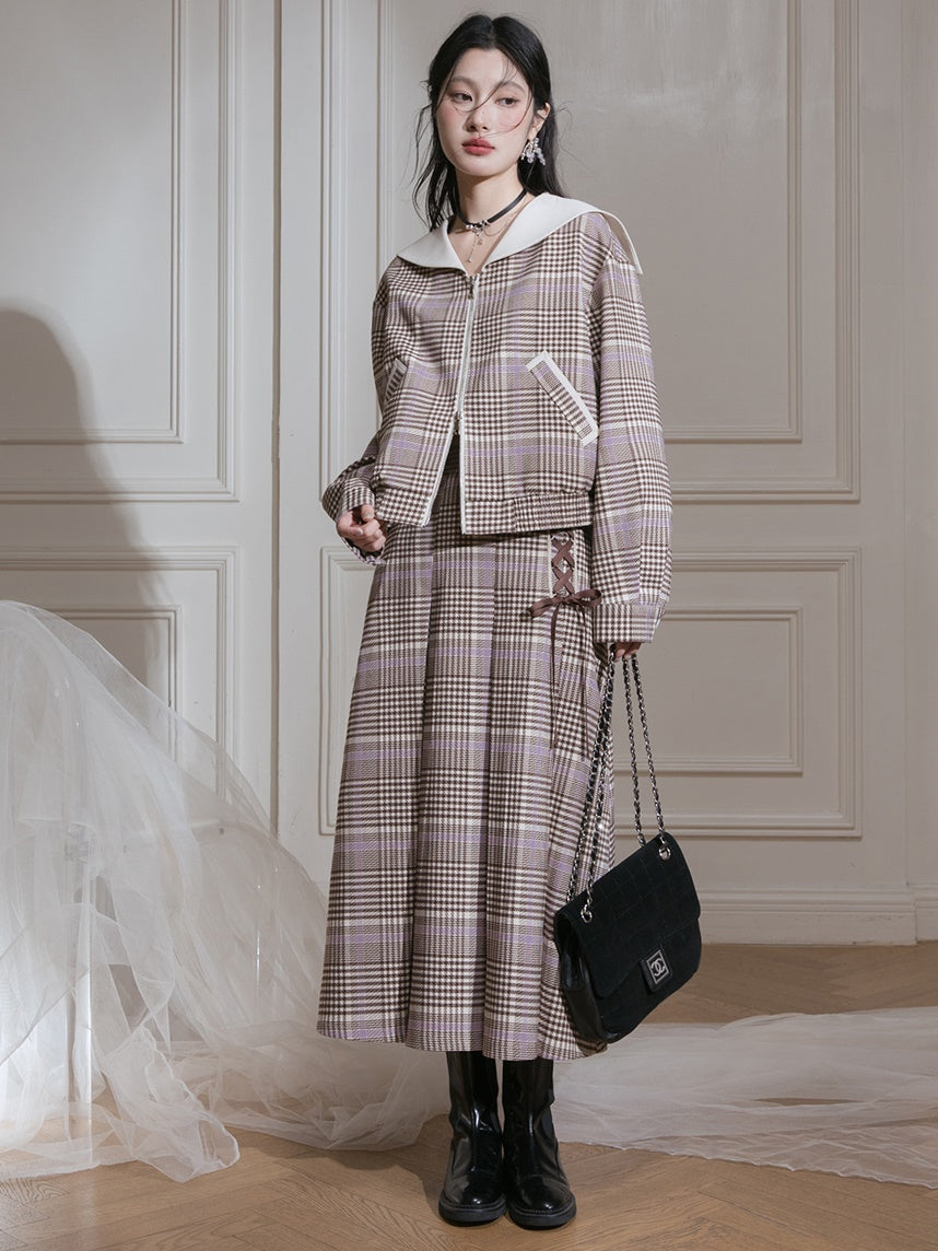 Navy Collar Plaid Short Jacket & A-Line Pleated Skirt