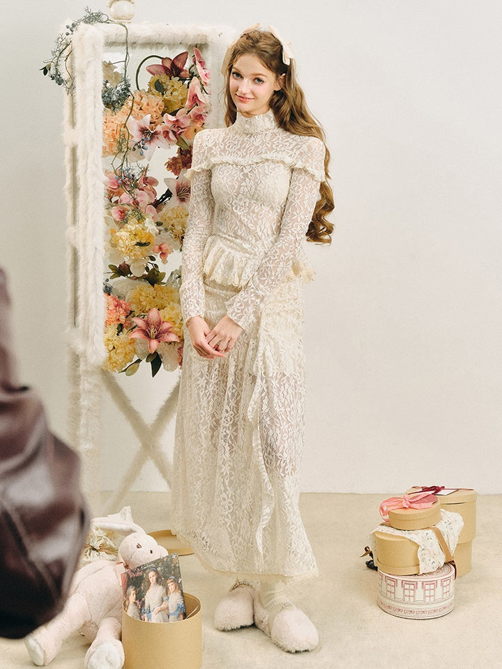 Lace High-Neck Peplum Design Top & Embroidered Lace Skirt