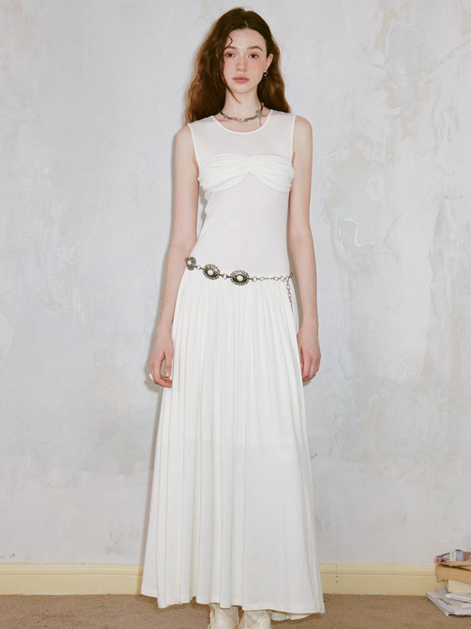 Pleated Draped Sheer Sleeveless Long Dress
