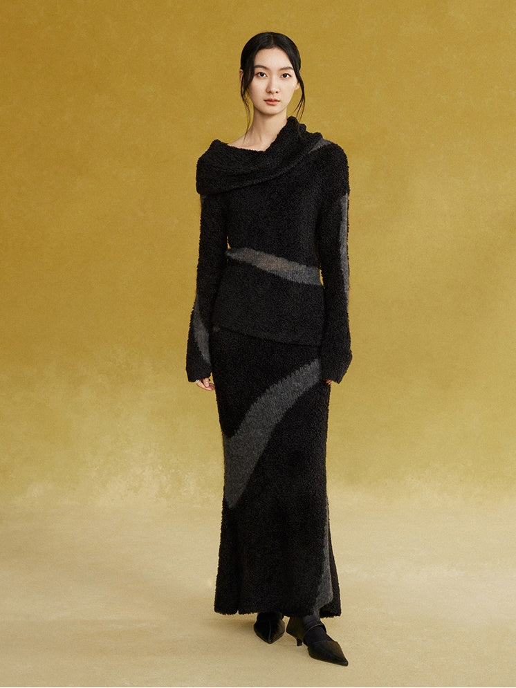 Patchwork Asymmetrical Pile Collar Sweater