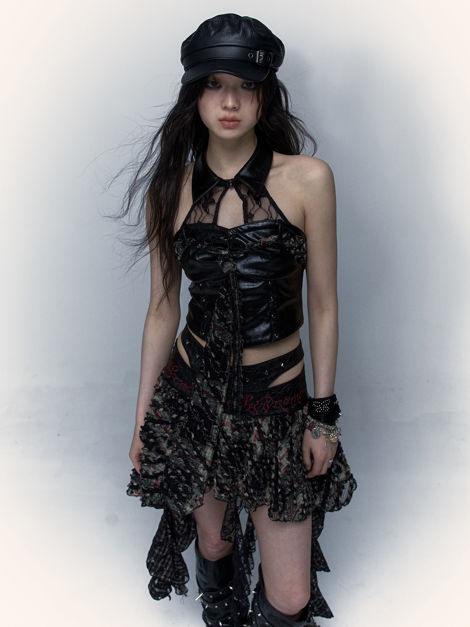 Stitching Embroidered Skirt & Lace Stitch Leather Tube Top