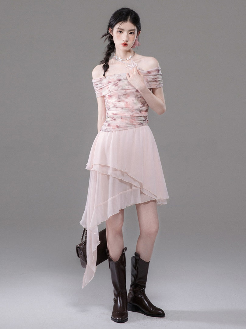 Mesh Print Off-Shoulder Top & Layered Asymmetry Skirt Set-up