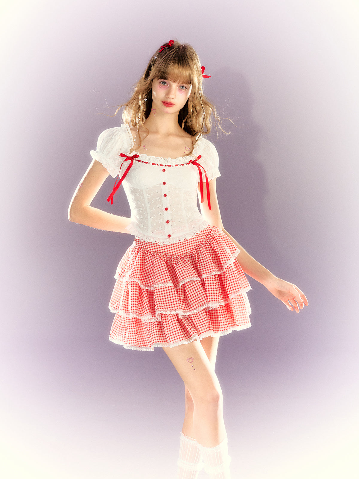 Lace Ribbon Puff Sleeve Top & Gingham Check Cake Skirt