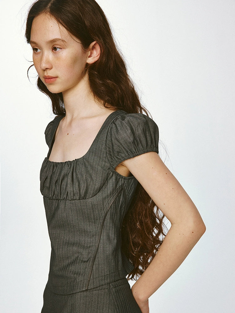 Striped Square-Neck Puff Sleeve Top & A-Line Mini Skirt