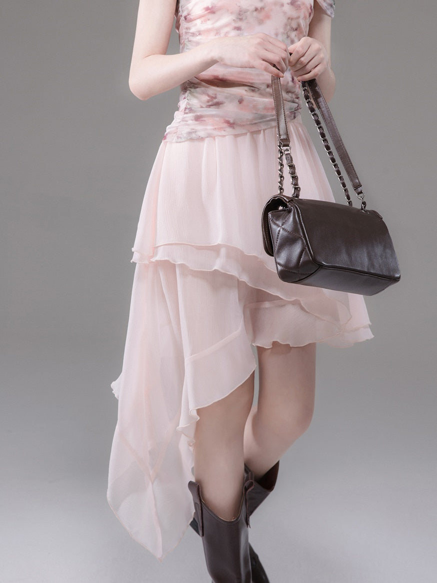 Mesh Print Off-Shoulder Top & Layered Asymmetry Skirt Set-up