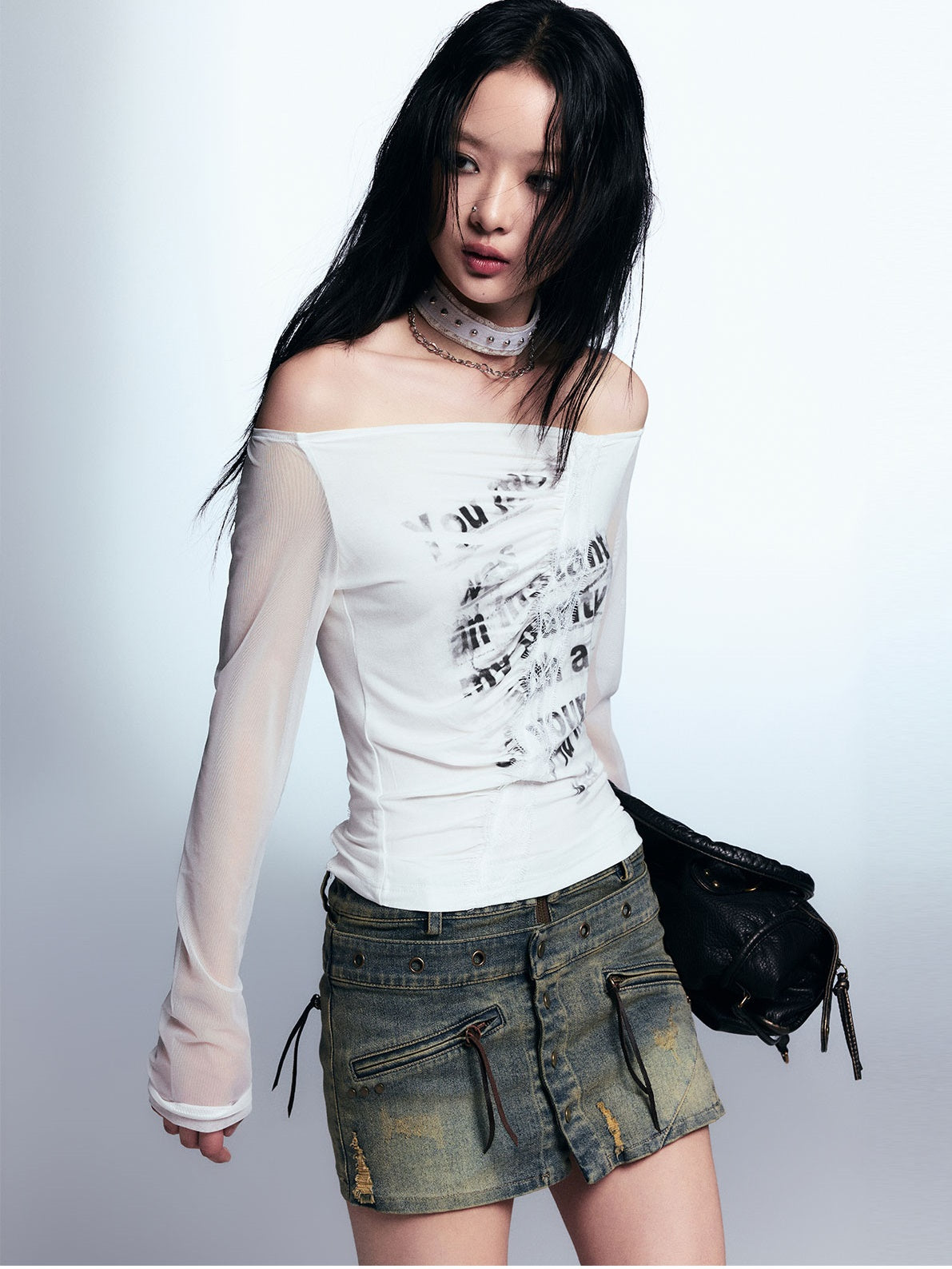 Print Off-shoulder Splicing Mesh Long-sleeved T-shirt