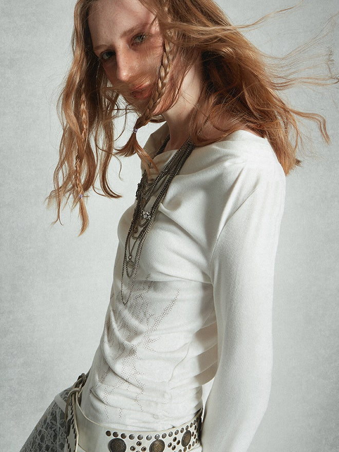 스윙 칼라 프린트 개더 티셔츠