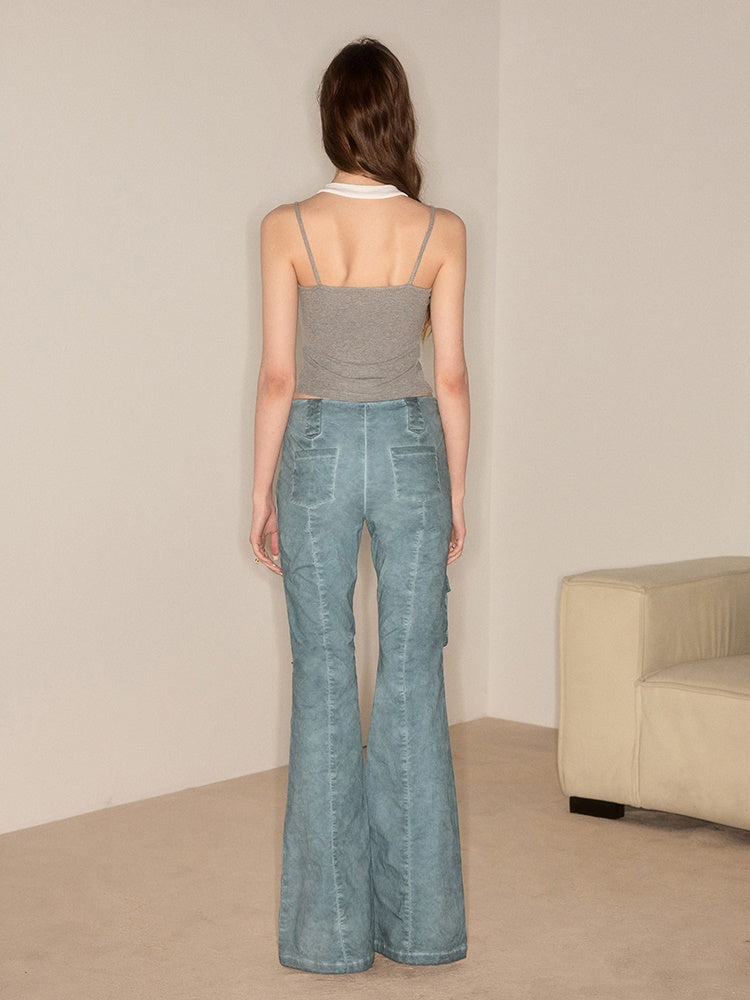 Slender Washed Retro Design Flare Pants