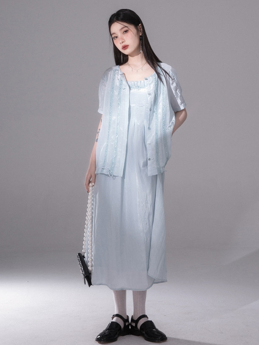 Glossy Drawstring Shirt & Slip Long Dress