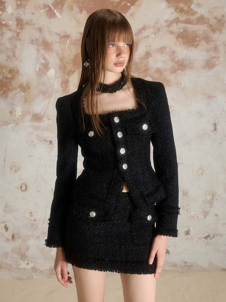 Square Collar Tweed Short Jacket & Tight Skirt