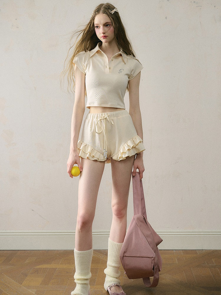 Cropped Polo Collar Shirt & Ruffle Short Pants