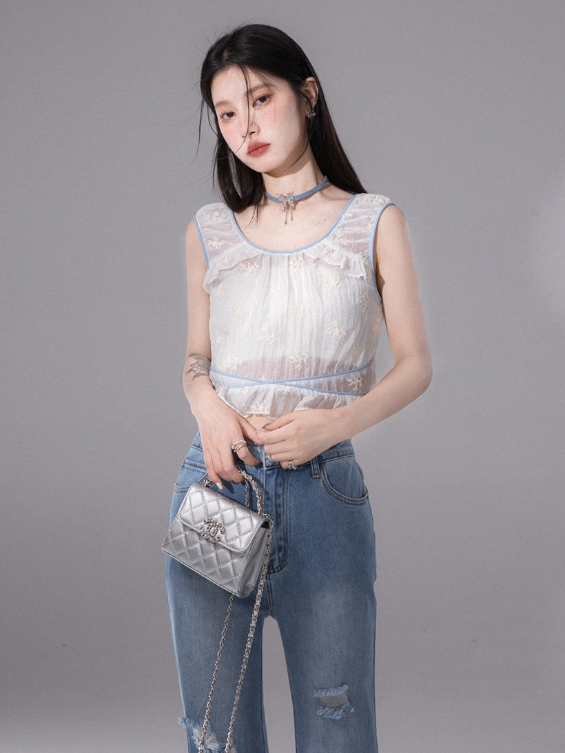 Embroidered Sleeveless Tulle Top & Tube Top