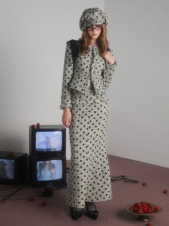 Polka Dot Tweed No-Collar Jacket & Skirt