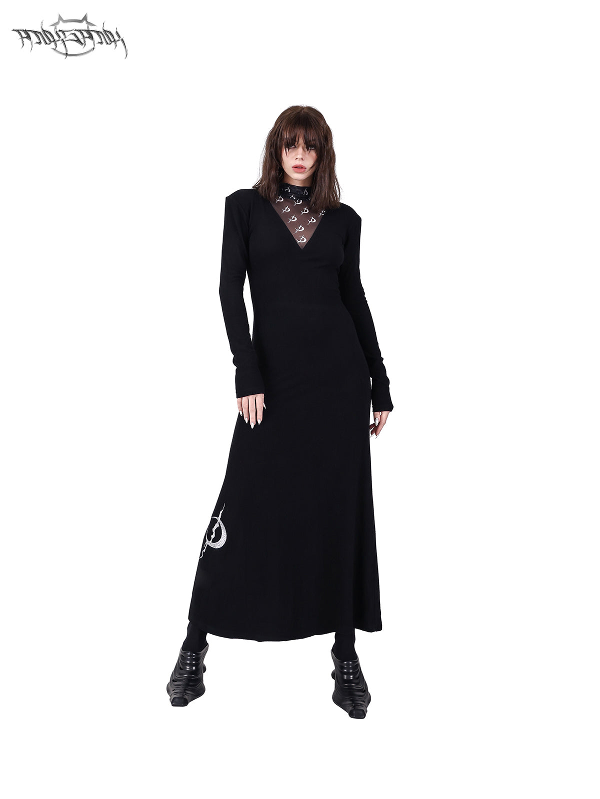 Mesh Splicing Shoulder Pad Bottle Neck Dress