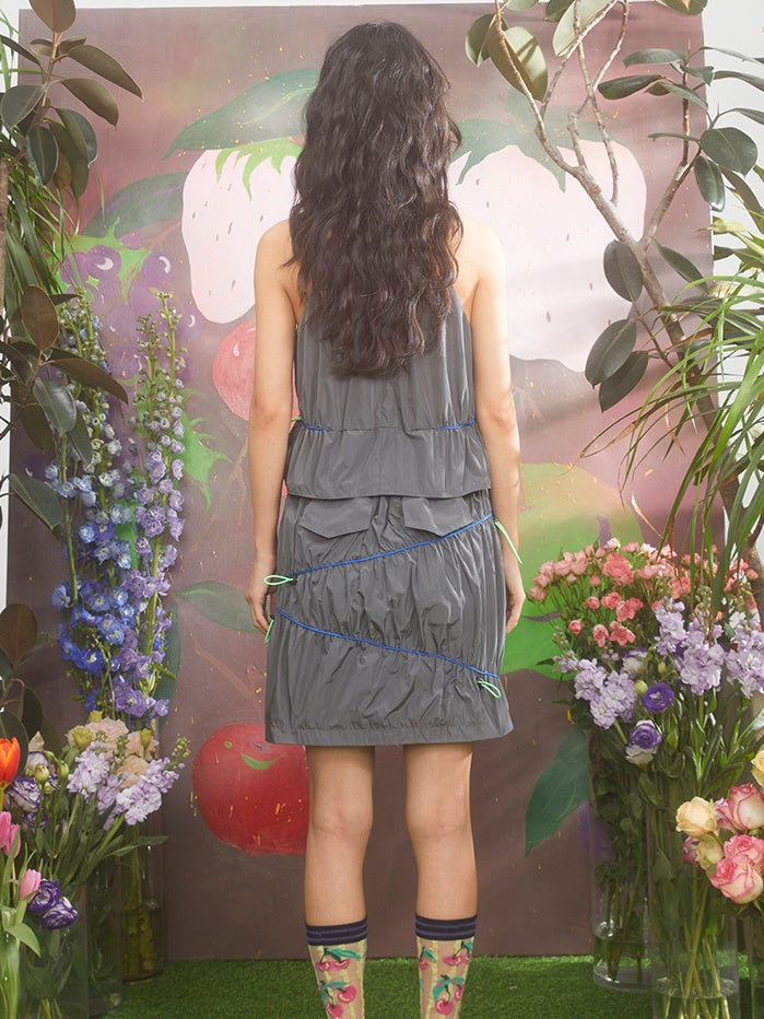 Cherry Embroidery Drawstring Halter Vest & Skirt