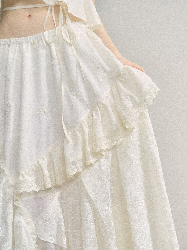 Embroidered Jacquard Ruffled Sling & Asymmetry Skirt