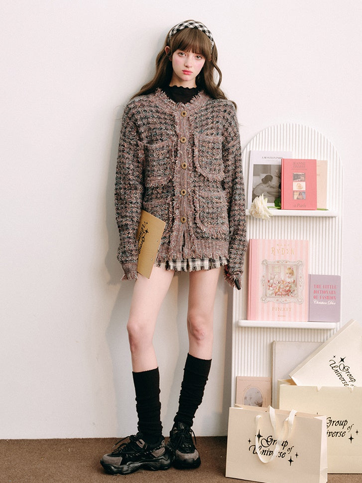 Knitted Fringe Cardigan Jacket With Stole & Long Skirt