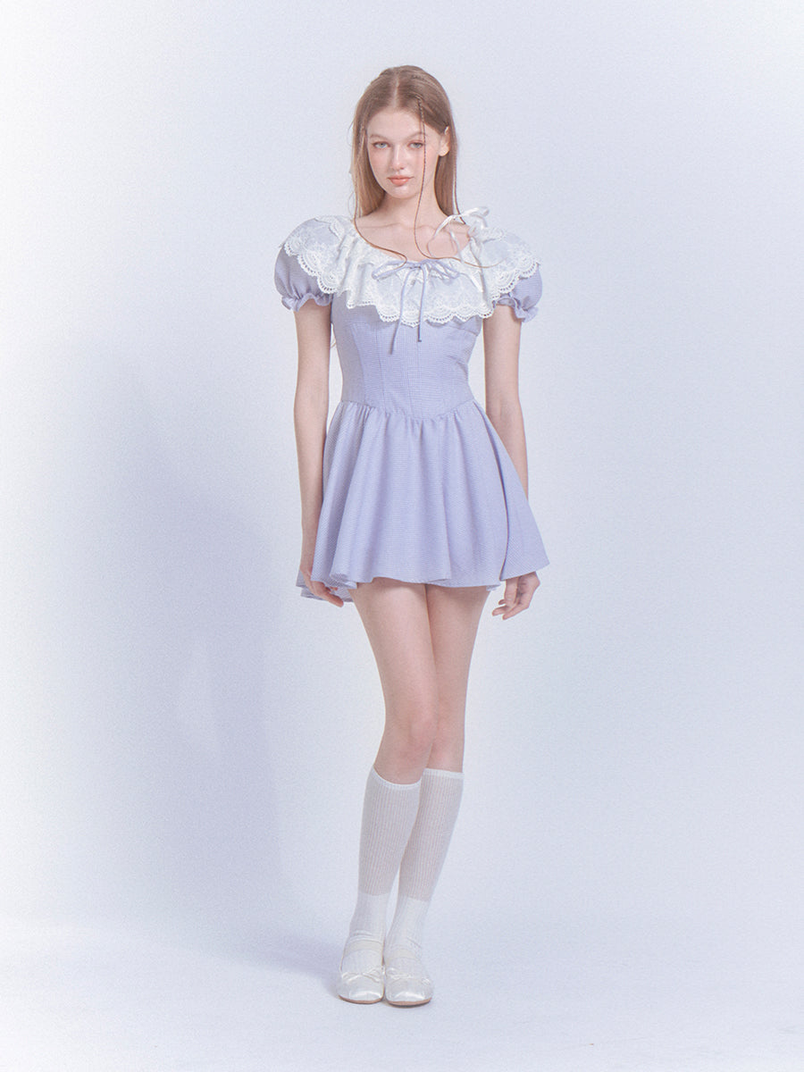 Netzspitze Stickerei Prinzessin Puffärmel Kleid