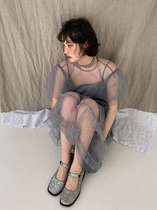Mesh backless Strap Dress & Fairy Sling Skirt Set-UP