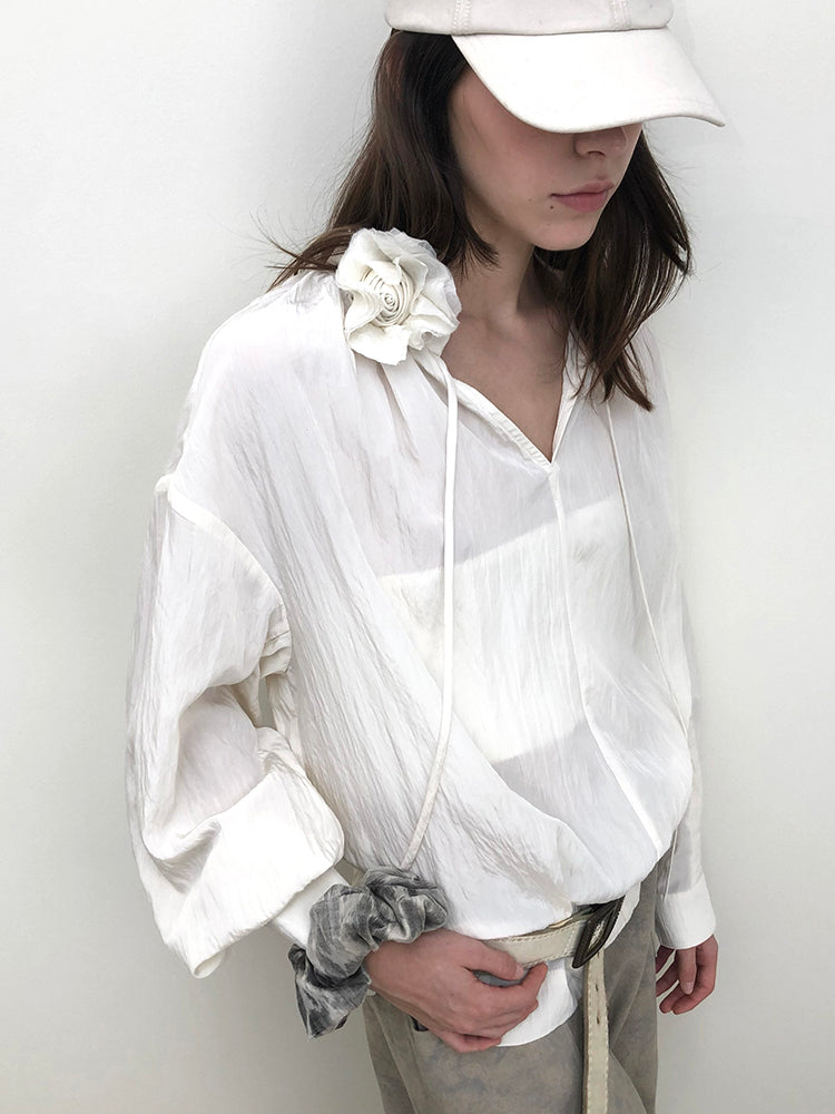 Mist Rose Stand Collar Tie Shirt