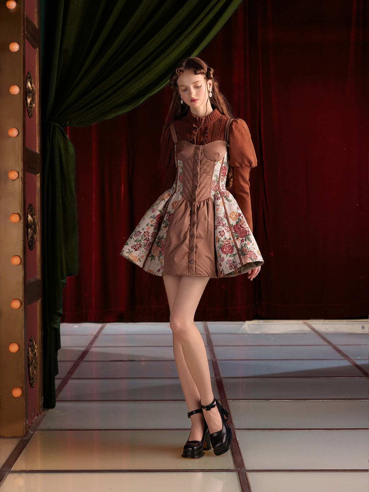 Puppe Jacquard Spleißen Fischbone Hosentender Kleid & Puffärmel Hemd