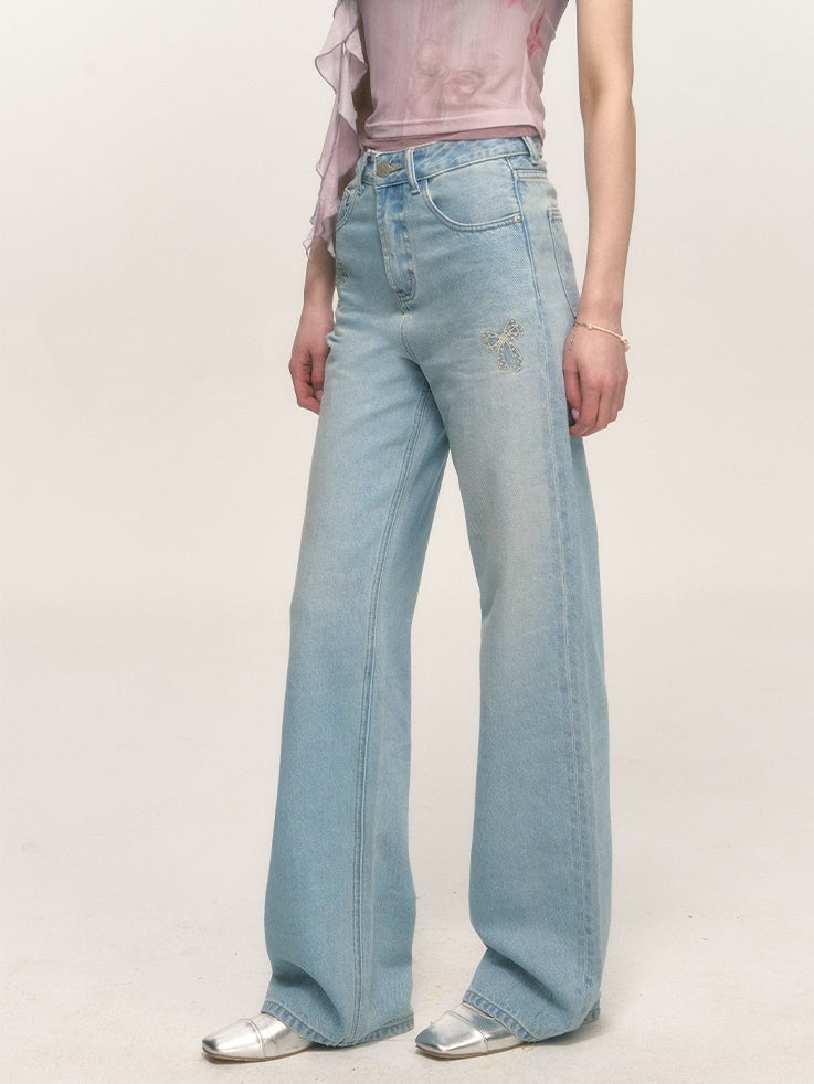 Embroidered Washed Distrssed Straight Loose Denim