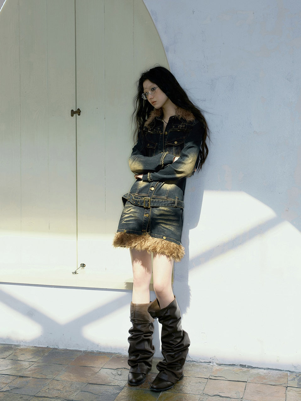Fur Collar Washed And Distressed Slim Denim Dress