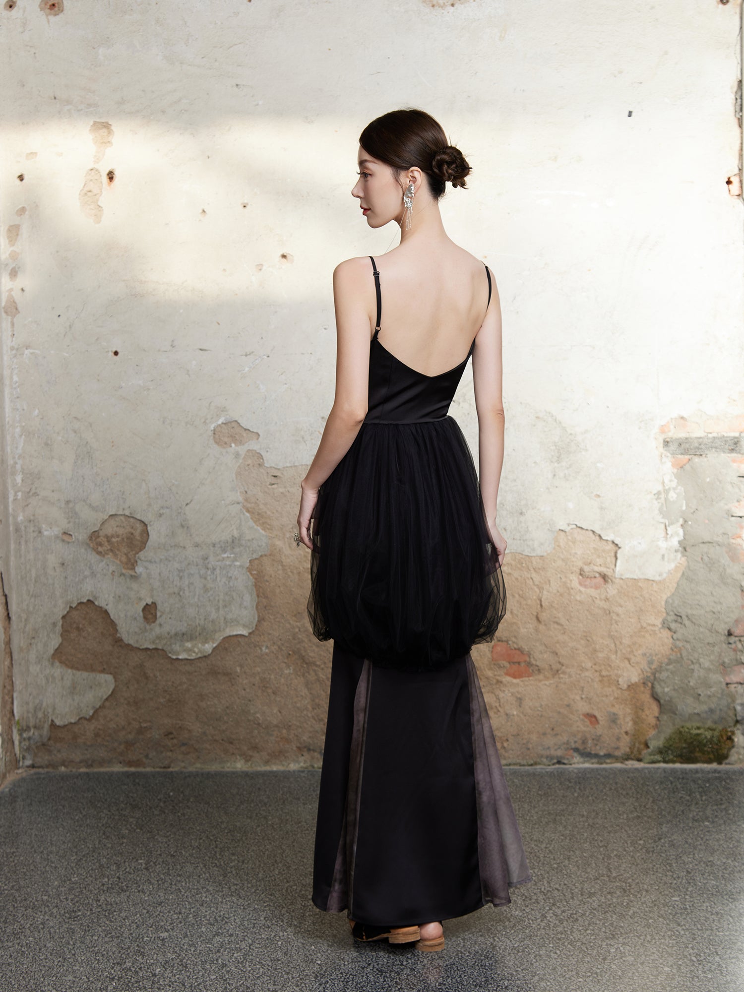 메쉬 꽃 새싹 미끄러짐 긴 드레스