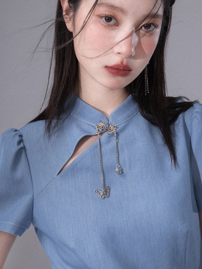 Cut-out Chinese Short Sleeve Top & Slit Skirt Set-up