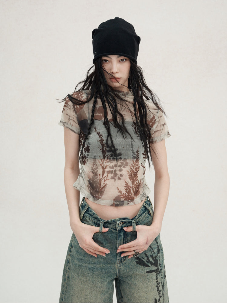 Plant Printing Micro-transparent Mesh T-shirt