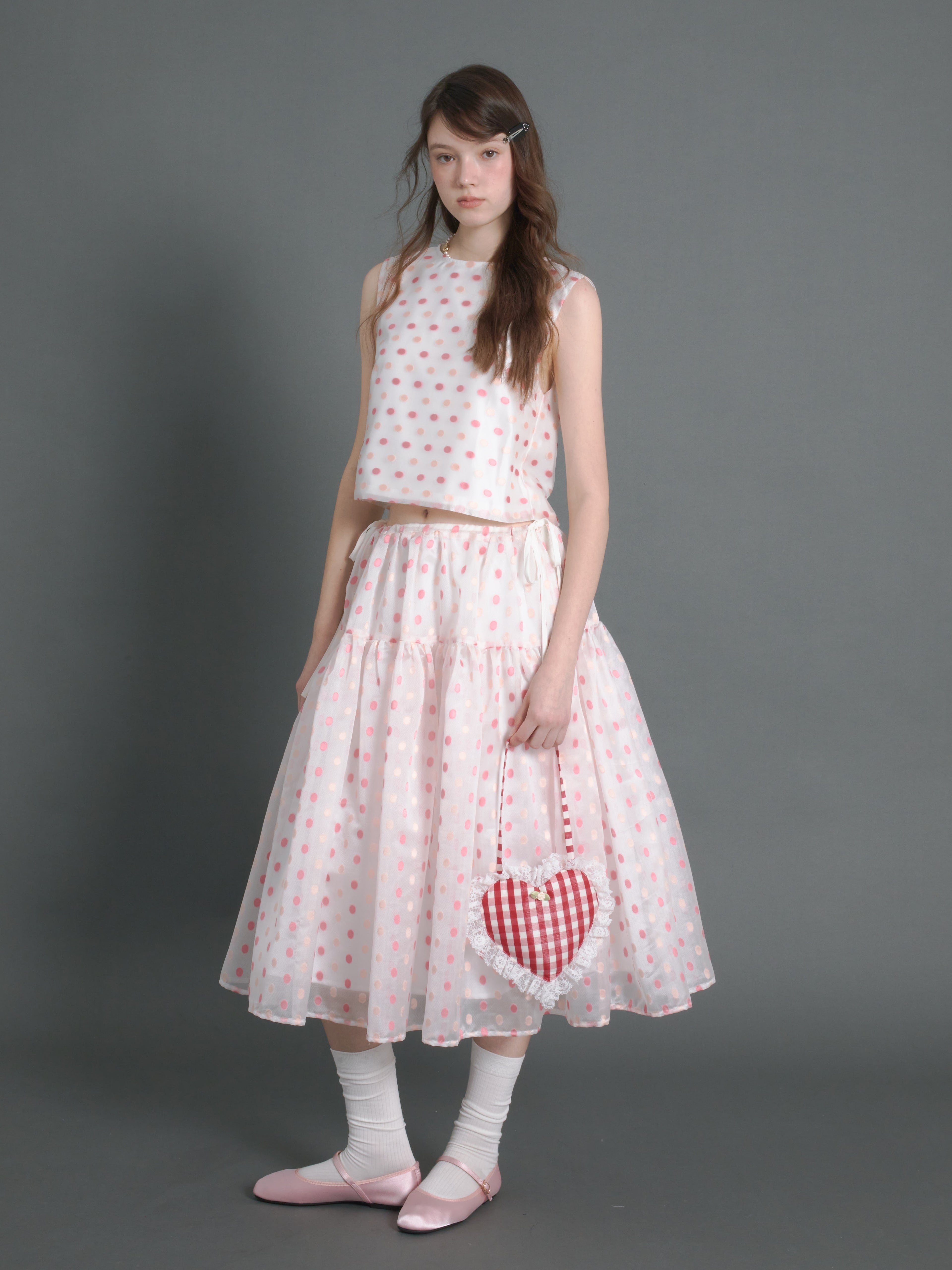 Polka Dot Sleeveless Back Ribbon Top & Gather Fluffy Skirt